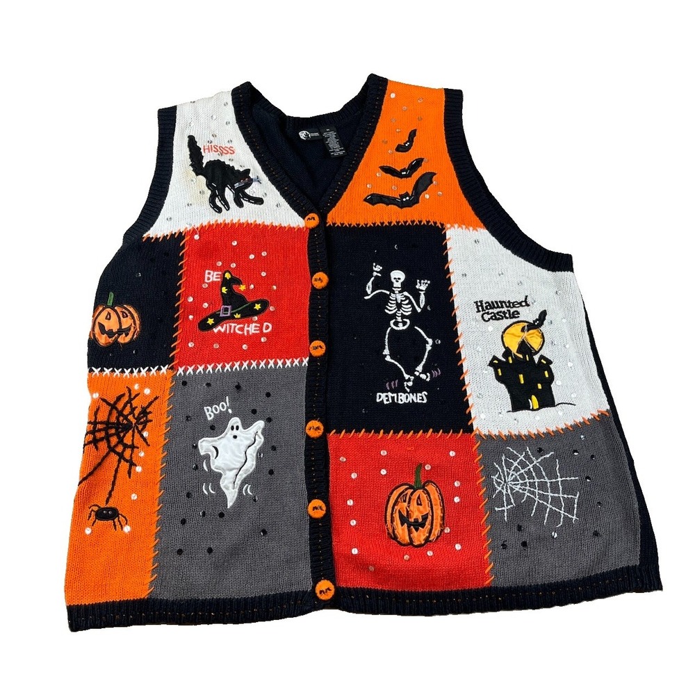 Basic Editions Vintage 90's Halloween Sweater Vest Women's Size 3X Embroidered